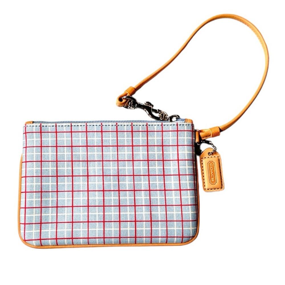 Coach Vintage Tattersall Plaid Wristlet Blue Pink White Tan - Picture 2 of 5